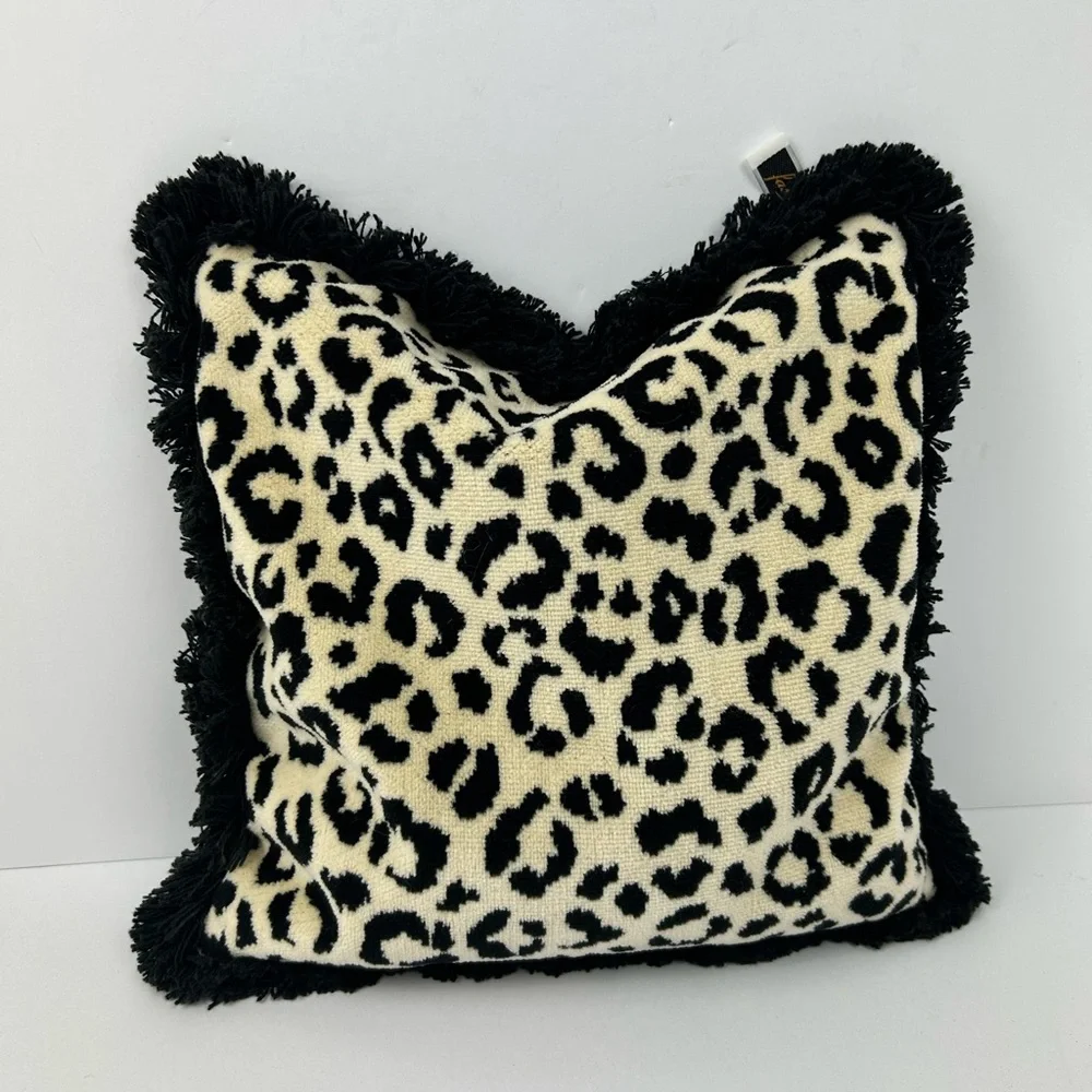 Leopard Print Fringe Throw Pillow Black Ivory Animal Print Accent Decor